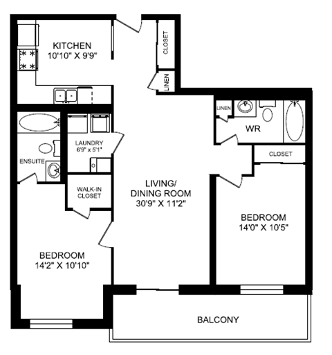 Floor plan for 2 beds, 2 baths, 1011 sqft
